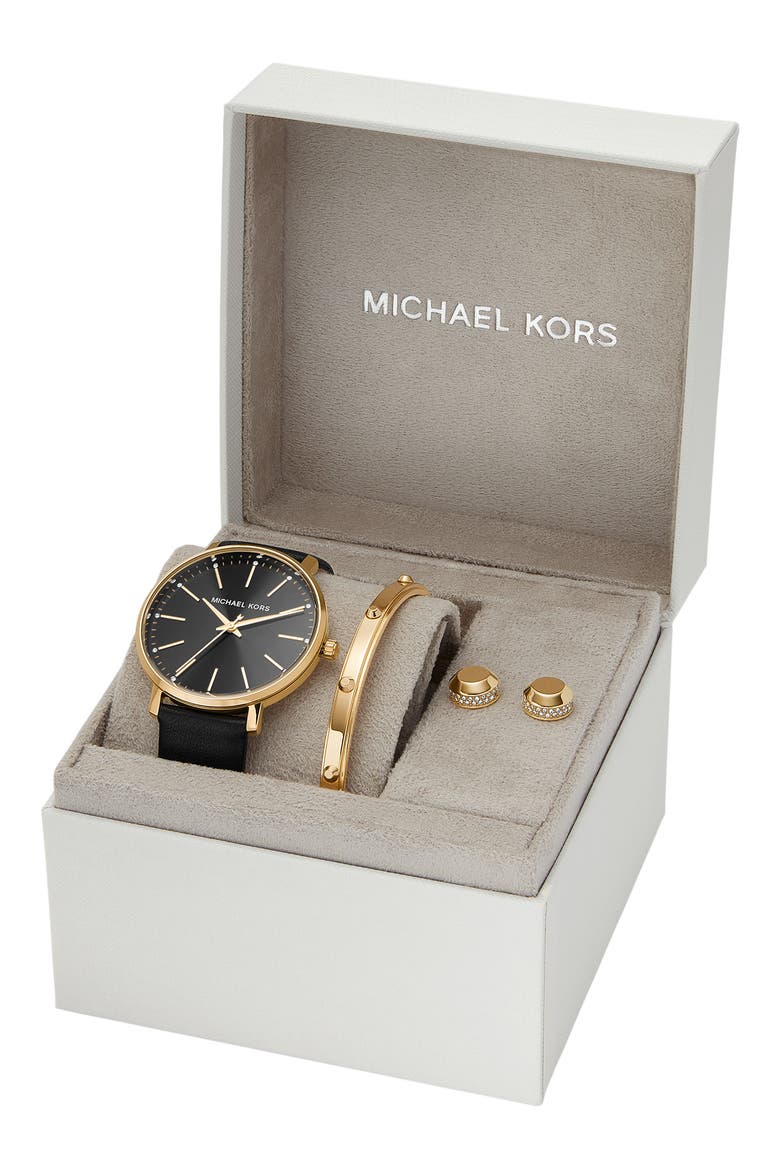 Pyper Leather Strap Watch, Bracelet & Earring Set, 38mm, Alternate, color, BLACK/GOLD
