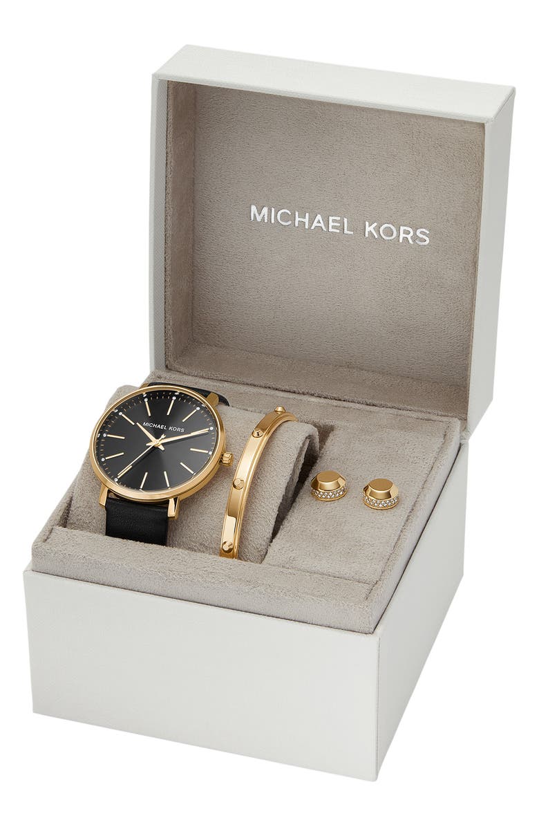 Michael Kors Pyper Leather Strap Watch, Bracelet & Earring Set, 38mm, Alternate, color, Black/Gold
