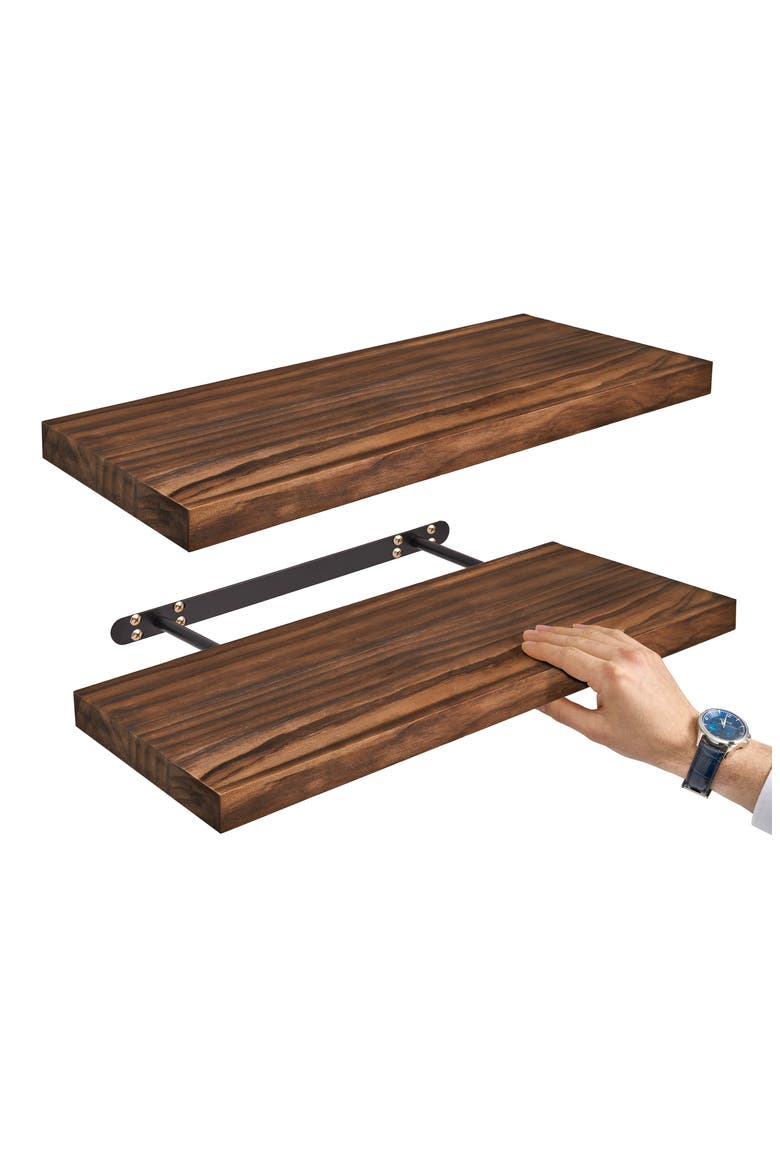 Set of 2 24-Inch Solid Wood Floating Shelves, Alternate, color, BROWN