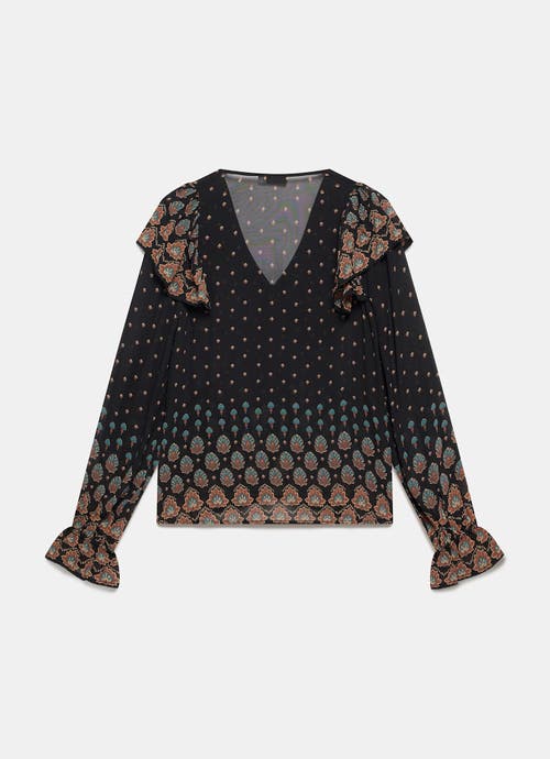 Mint Velvet Retro Print Ruffle Blouse In Black