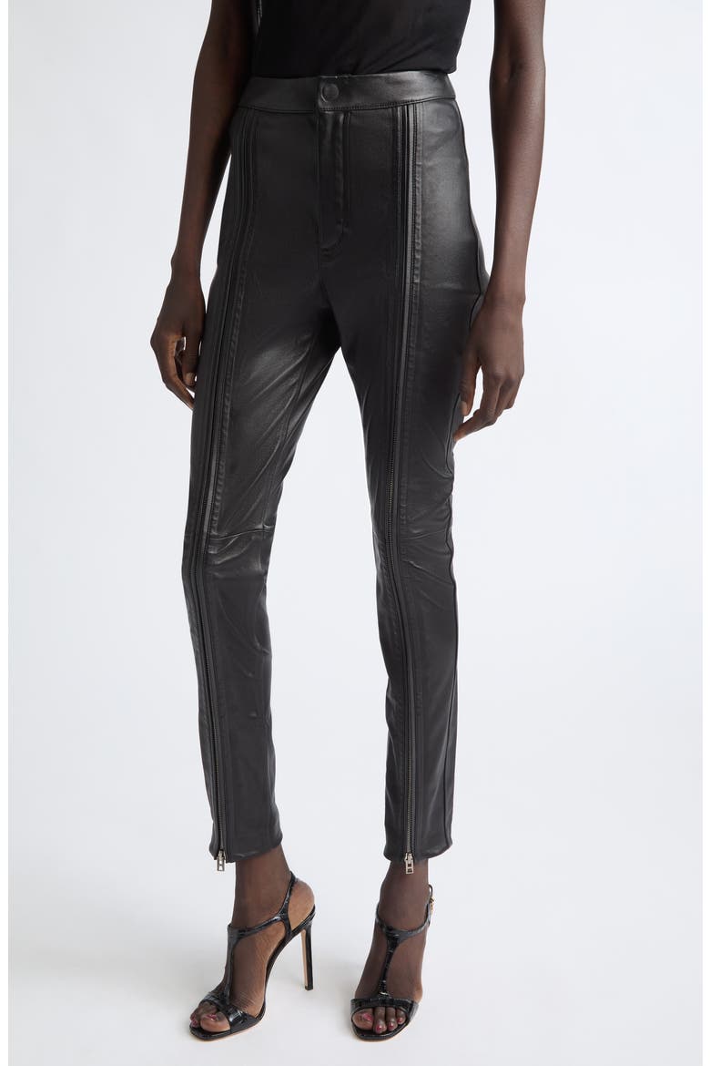Zip Front Lambskin Leather Skinny Pants, Main, color, BLACK