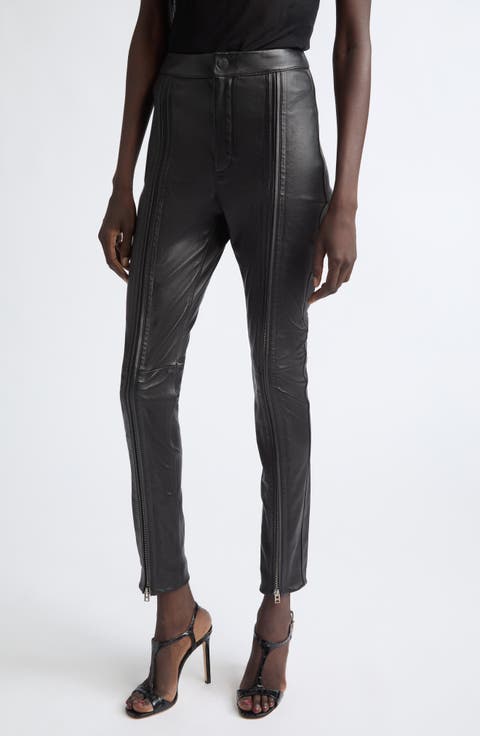 Zip Front Lambskin Leather Skinny Pants