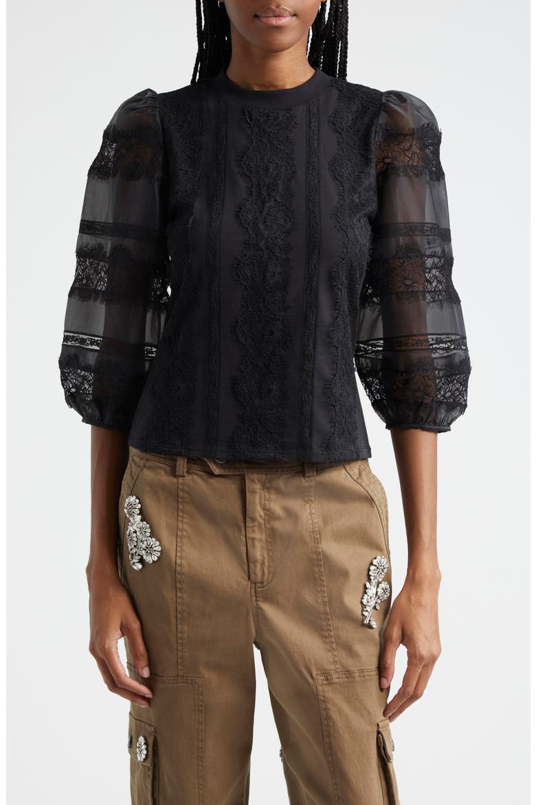 Stefania Lace Trim Shirt, Main, color, BLACK