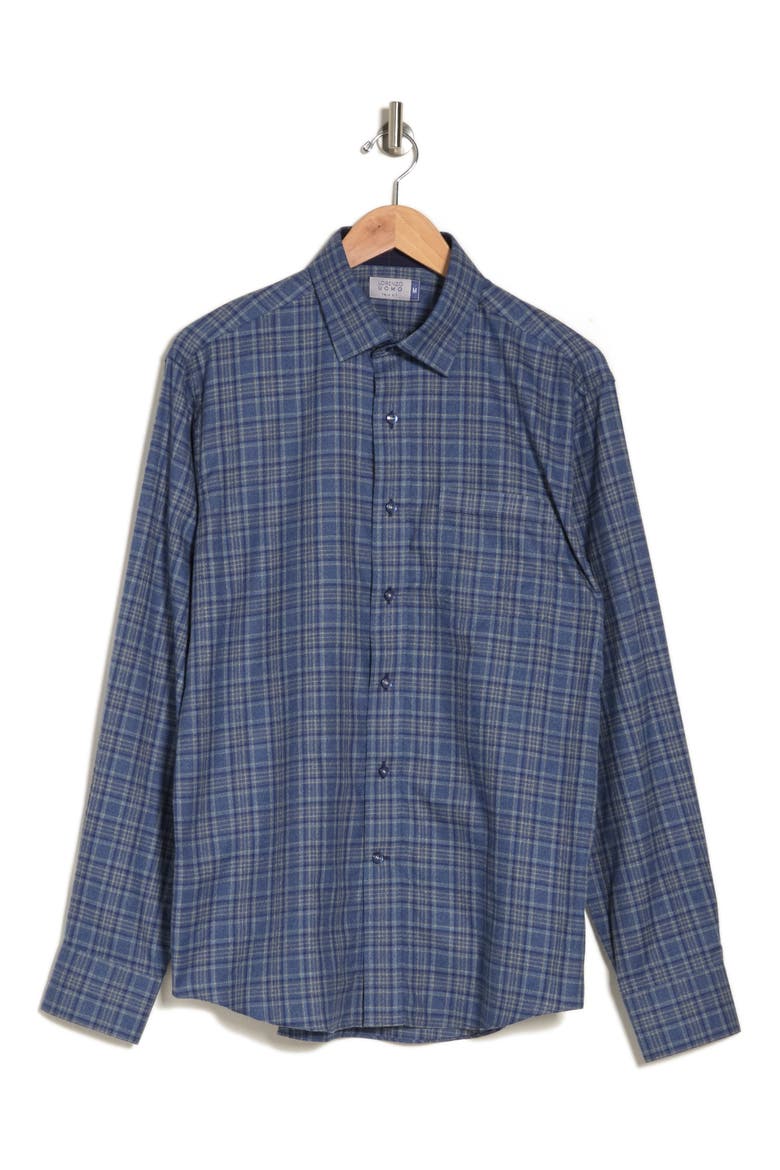 Trim Fit Flannel Cotton Dress Shirt, Alternate, color, DENIM/ NAVY/ YELLOW