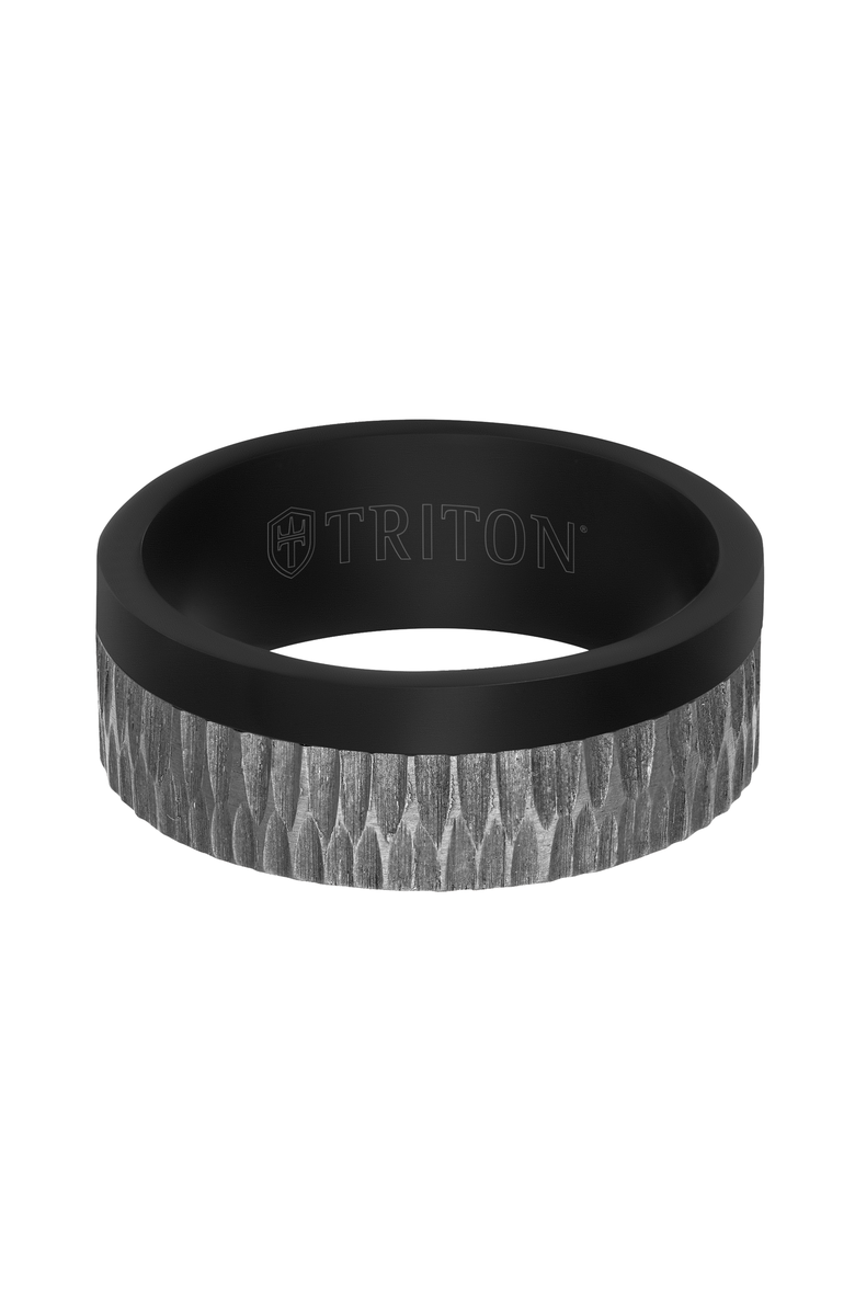 Triton 8MM Black Tantalum Ring with Brushed Grey Asymmetrical Inlay and Flat Edge, Alternate, color, 