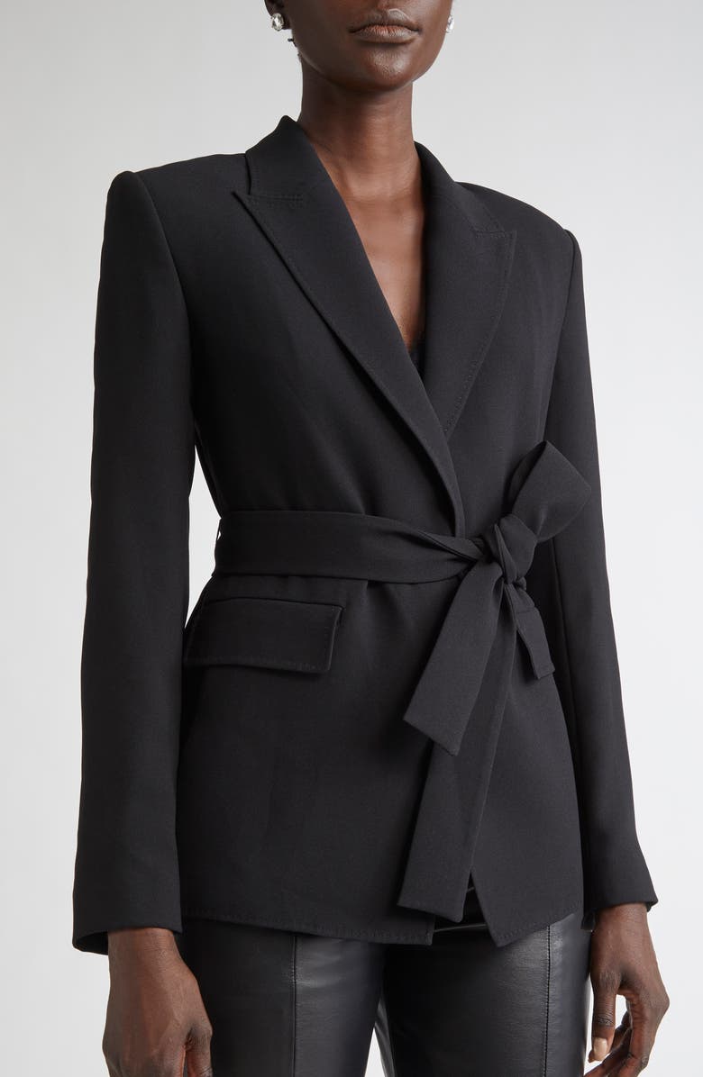 ST. JOHN Belted Satin Back Crepe Wrap Jacket, Alternate, color, Black