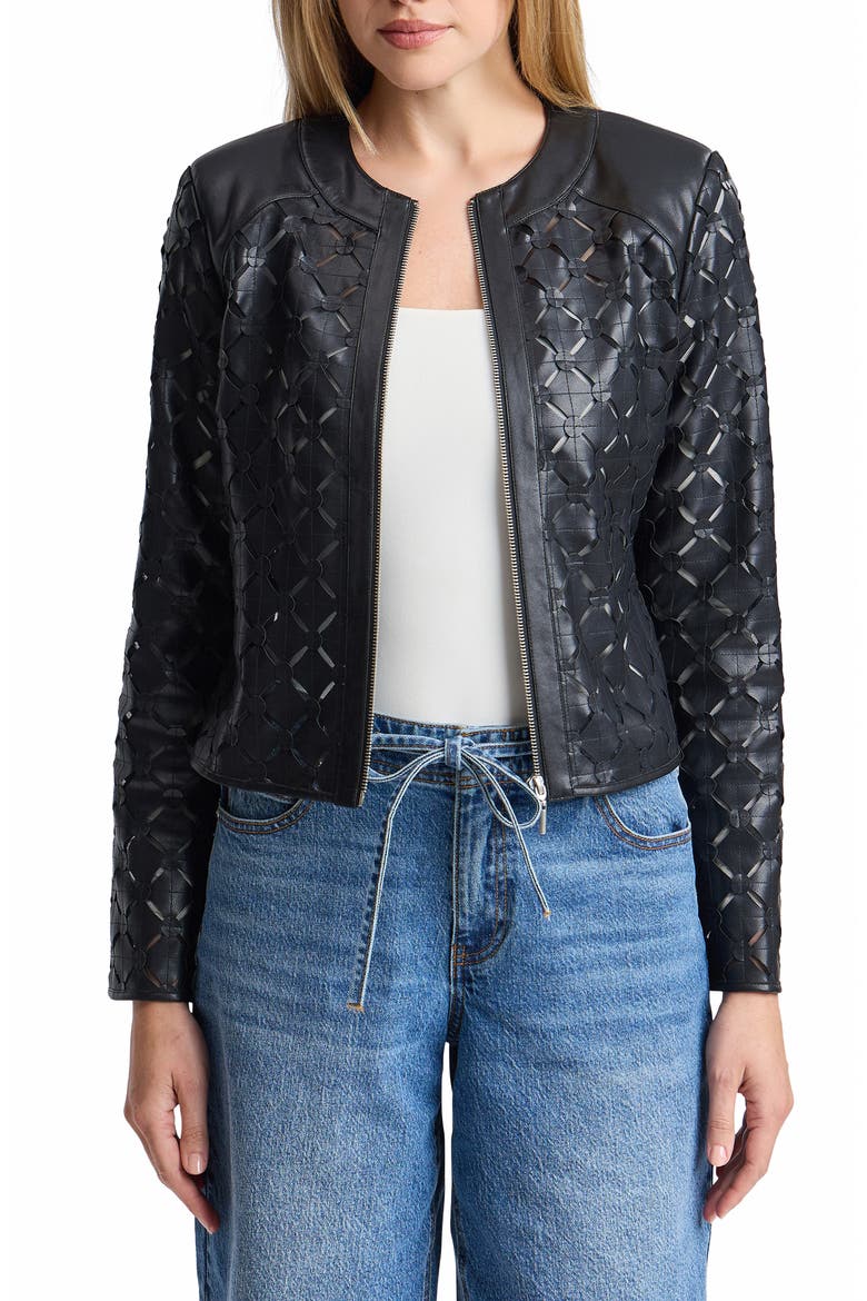 Laser-Cut Faux Leather Jacket, Alternate, color, BLACK