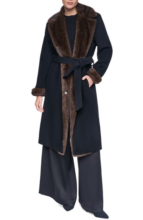 Belted Wool Blend Coat with Faux Fur Trim