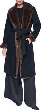 HALSTON Belted Wool Blend Coat with Faux Fur Trim