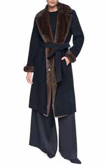 Belted Wool Blend Coat with Faux Fur Trim