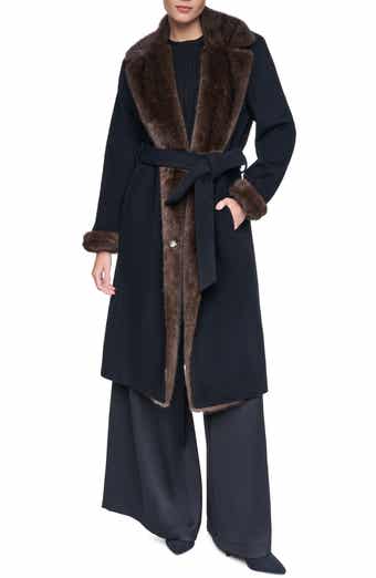 Belted Wool Blend Coat with Faux Fur Trim