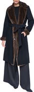 HALSTON Belted Wool Blend Coat with Faux Fur Trim