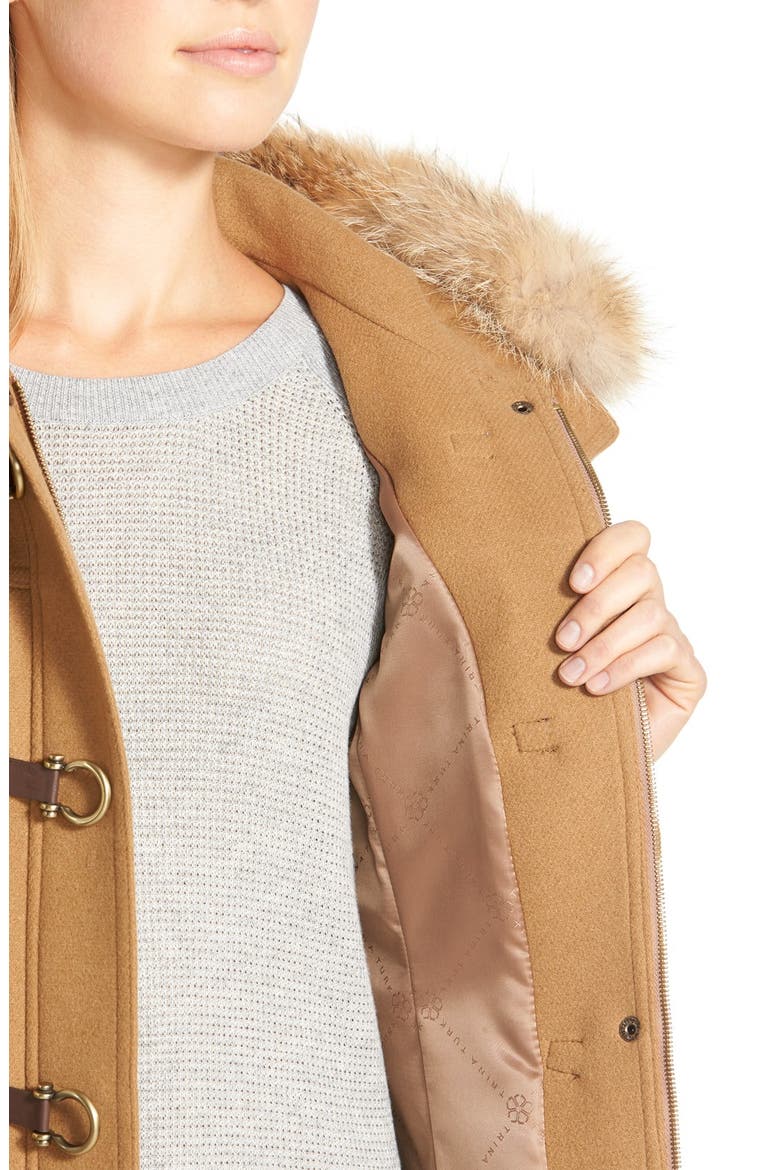 Genuine Coyote Fur Trim Wool Blend Duffle Coat, Alternate, color, CAMEL