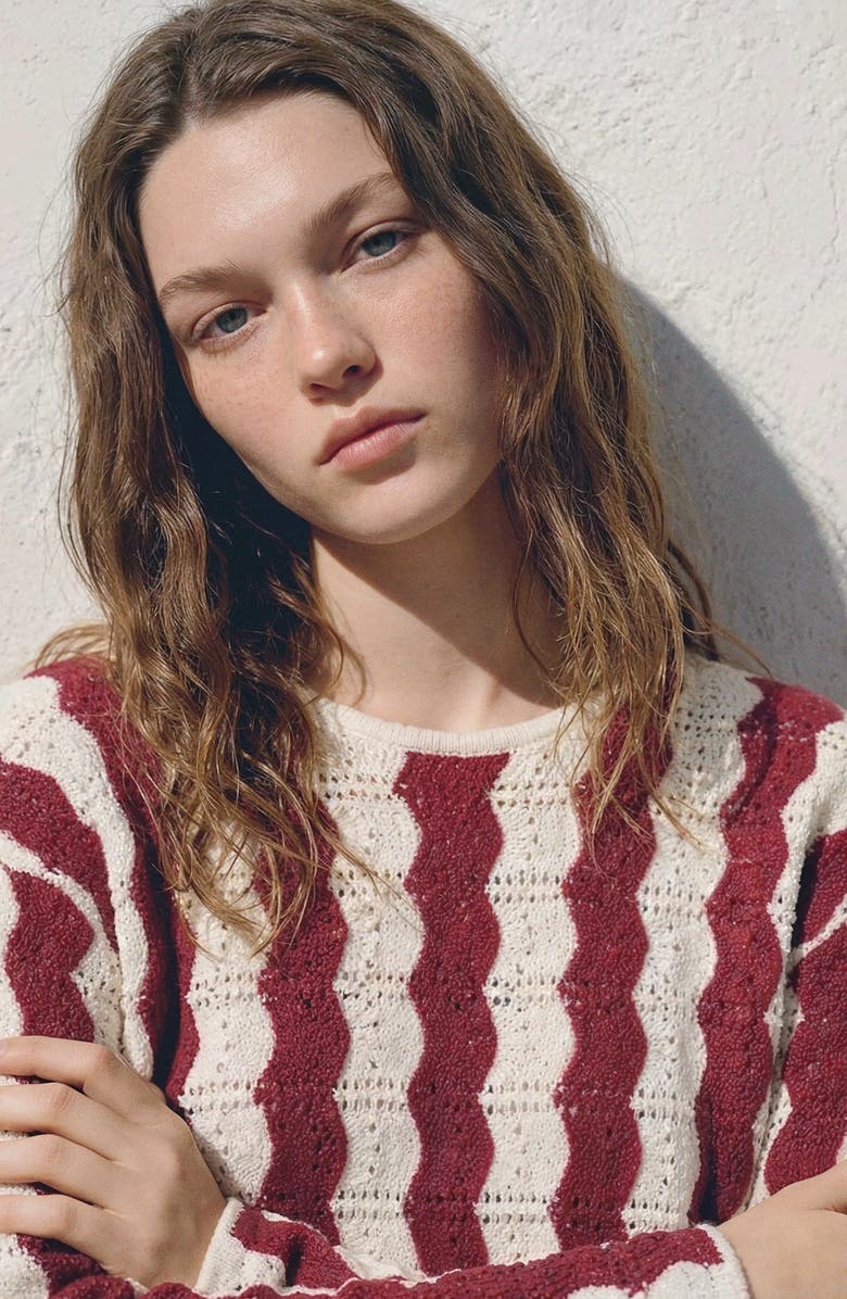 MANGO TEEN <p>Kids' Openwork Knit Striped Sweater</p>, Alternate, color, Maroon