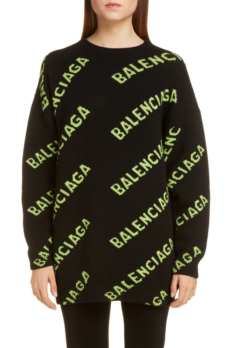 Oversize Logo Jacquard Wool Blend Sweater, Main, color, BLACK/ ACID GREEN