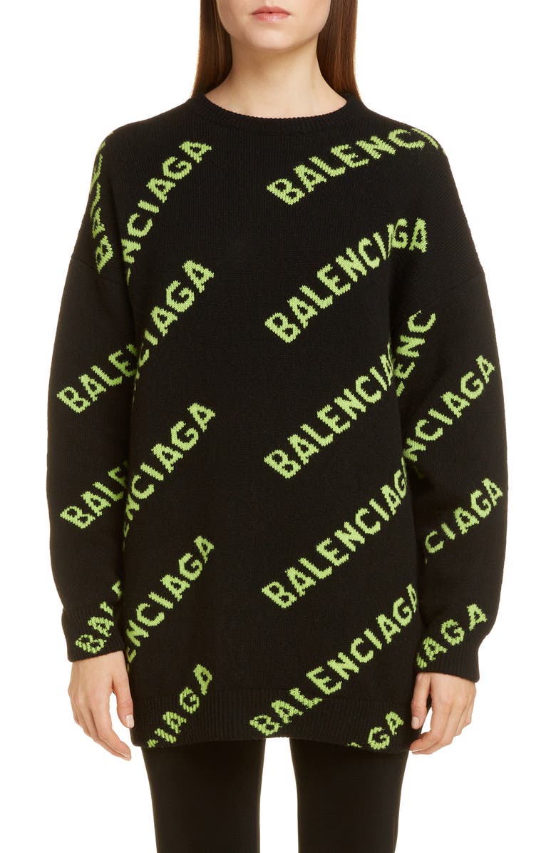 Balenciaga Oversize Logo Jacquard Wool Blend Sweater, Main, color, 