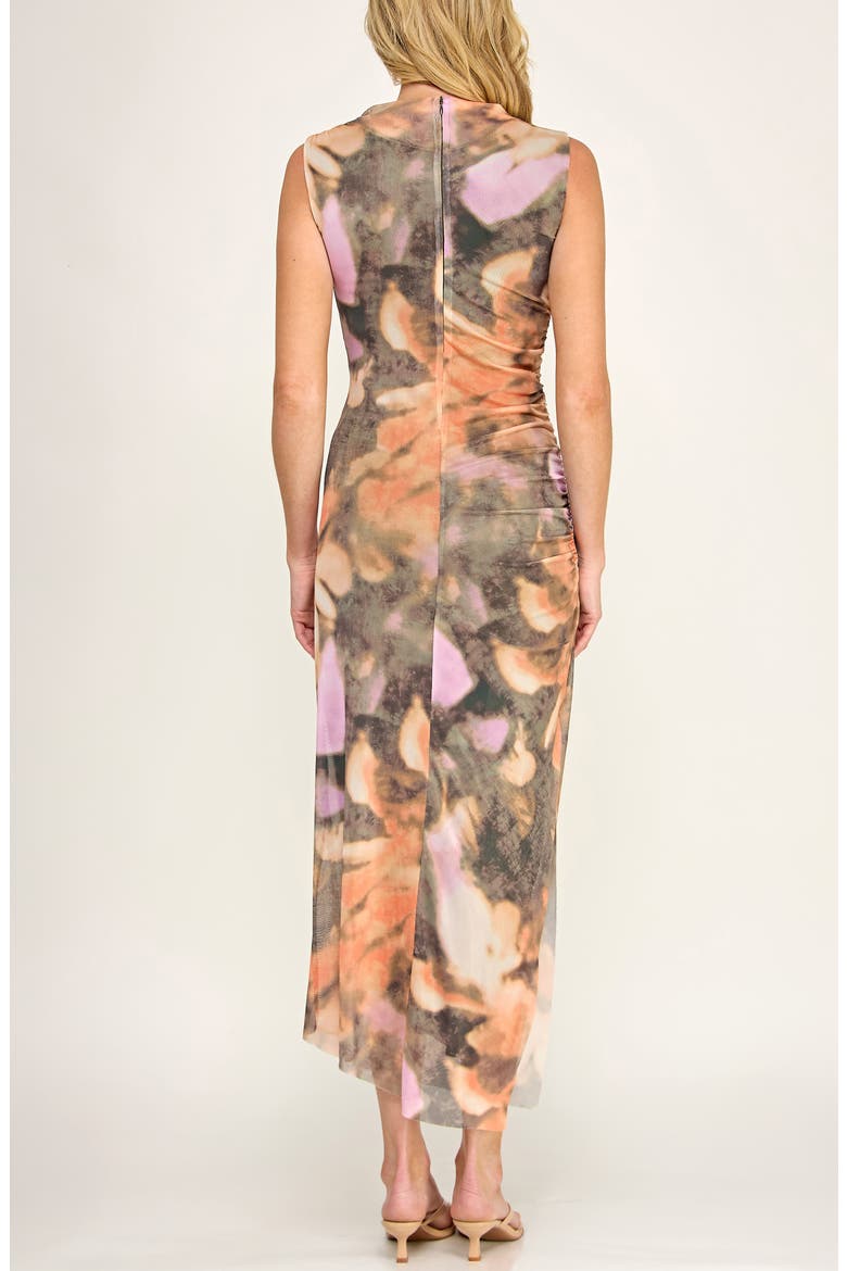 Floral Shirred Mesh Dress, Alternate, color, BROWN/ RUST