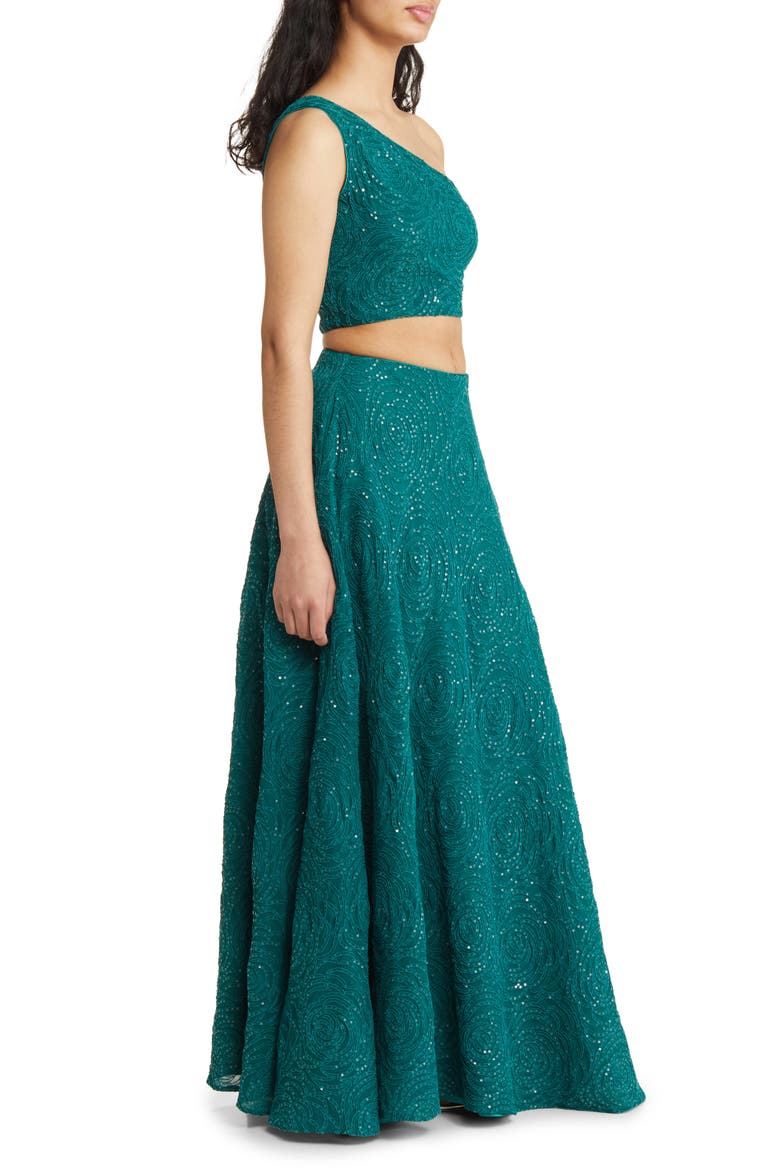 Raz Floral Embroidered One-Shoulder Lehenga with Dupatta, Alternate, color, EMERALD