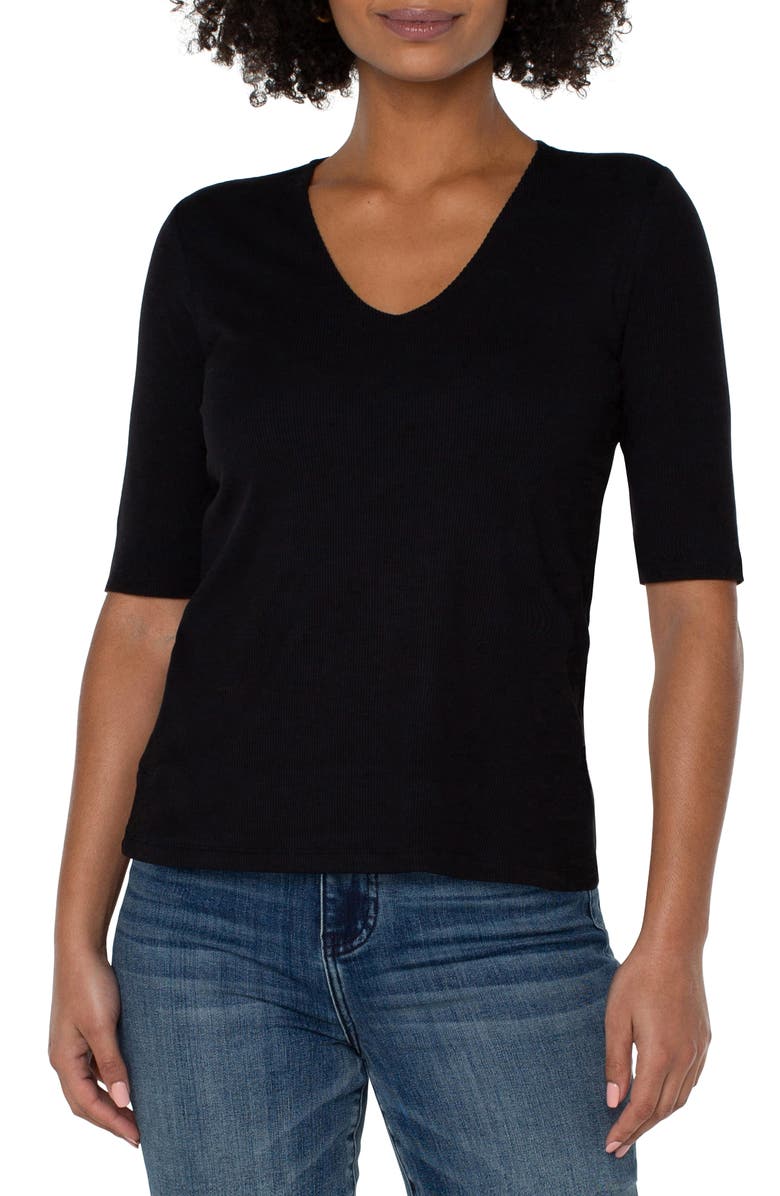 Liverpool Los Angeles Double Layer V-Neck Rib Top, Alternate, color, Black