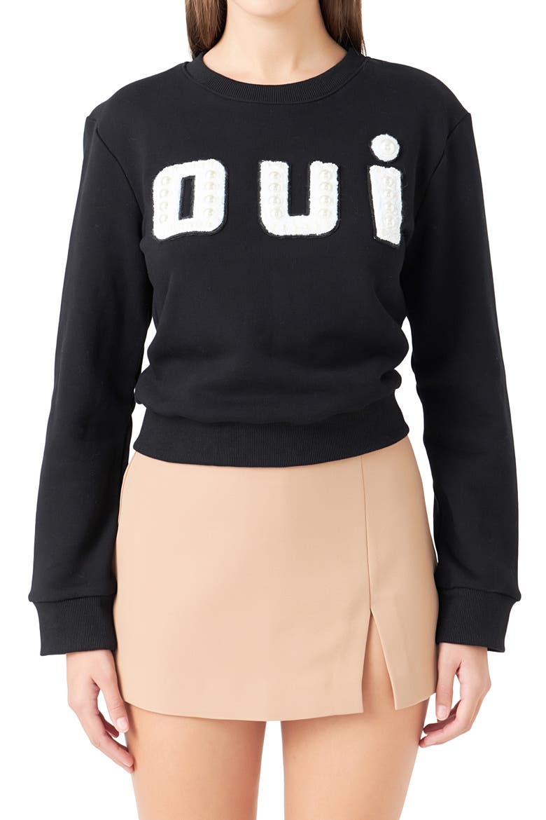 Oui Imitiation Pearl Embellished Cotton Sweatshirt, Alternate, color, BLACK