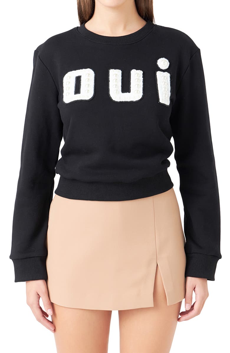 Endless Rose Oui Imitiation Pearl Embellished Cotton Sweatshirt, Alternate, color, Black