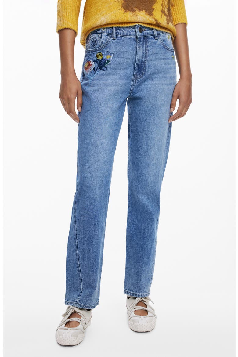 Embroidered Straight Leg Jeans, Main, color, MEDIUM BLUE
