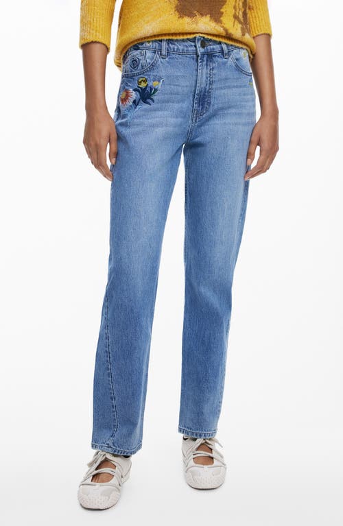Desigual Embroidered Straight Leg Jeans In Blue