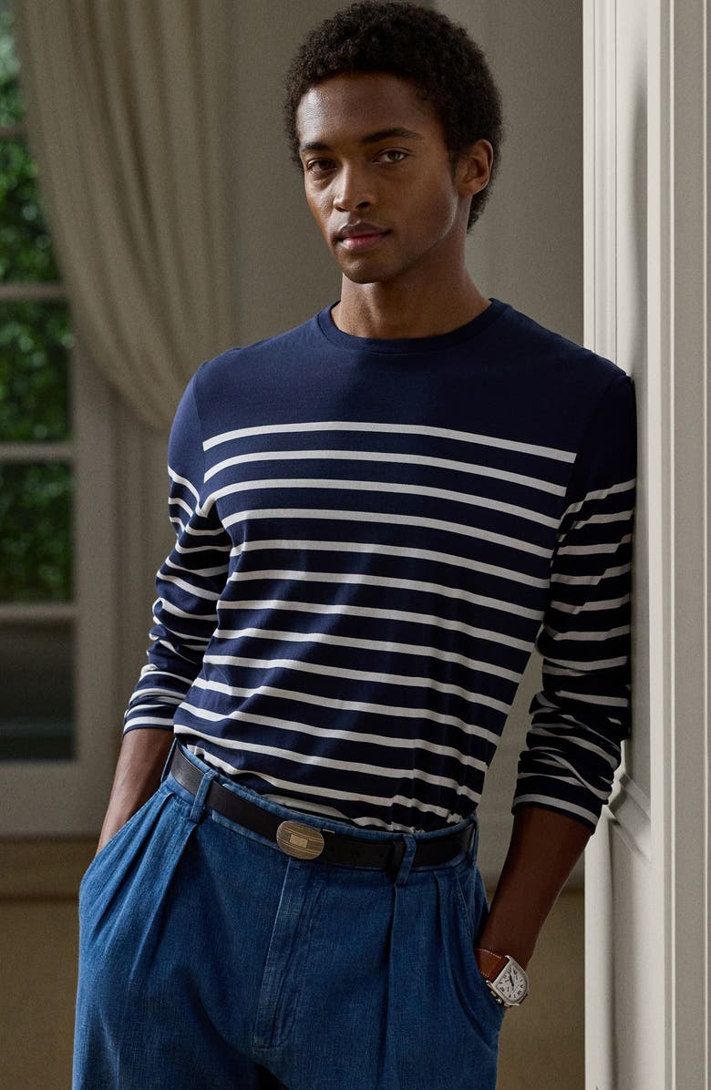 Ralph Lauren Purple Label Luxury Lisle Stripe Long Sleeve T-Shirt, Alternate, color, Classic Chairman Navy