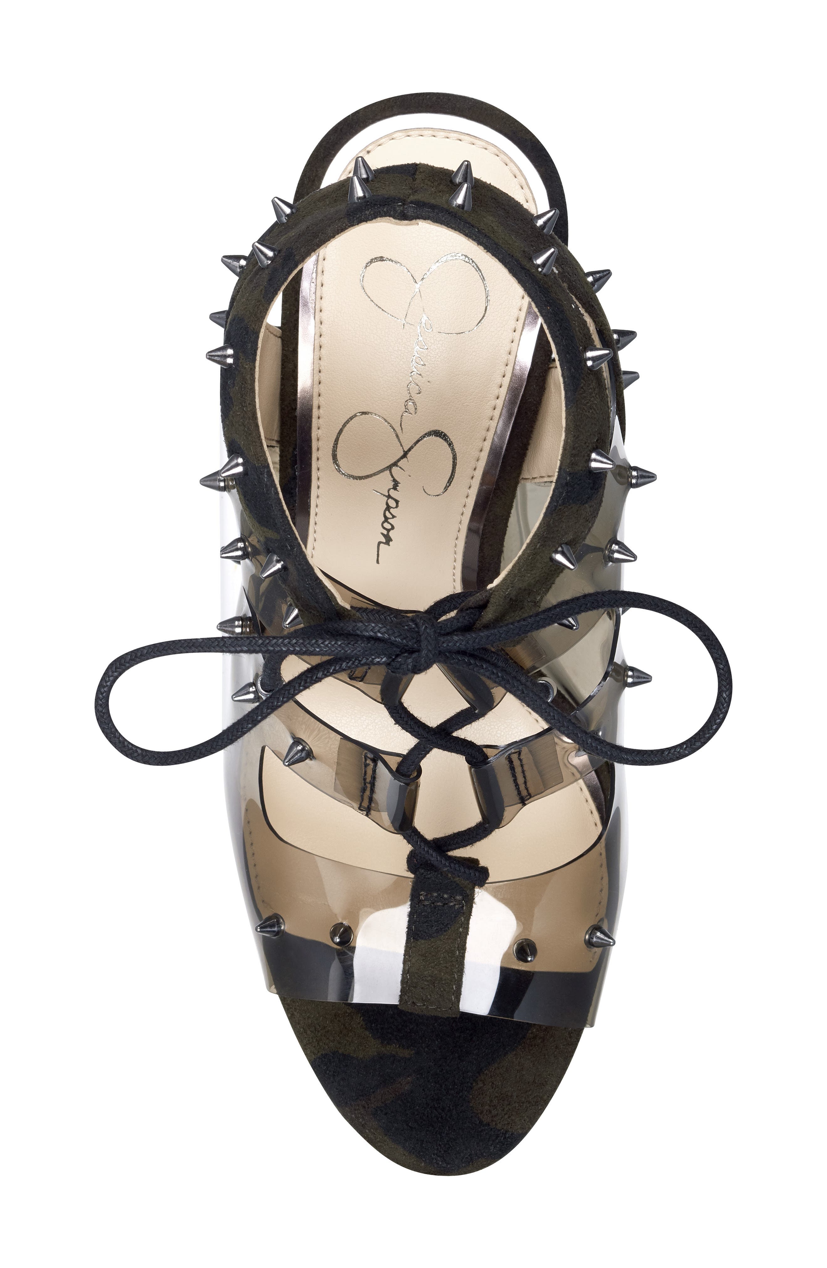 Jirven Spike Clear Strap Cage Sandal, Alternate, color, SMOKE/ CAMO GREEN LEATHER