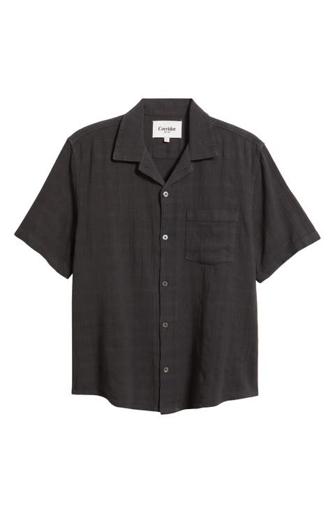 Washed Dobby Check Cotton Seersucker Camp Shirt