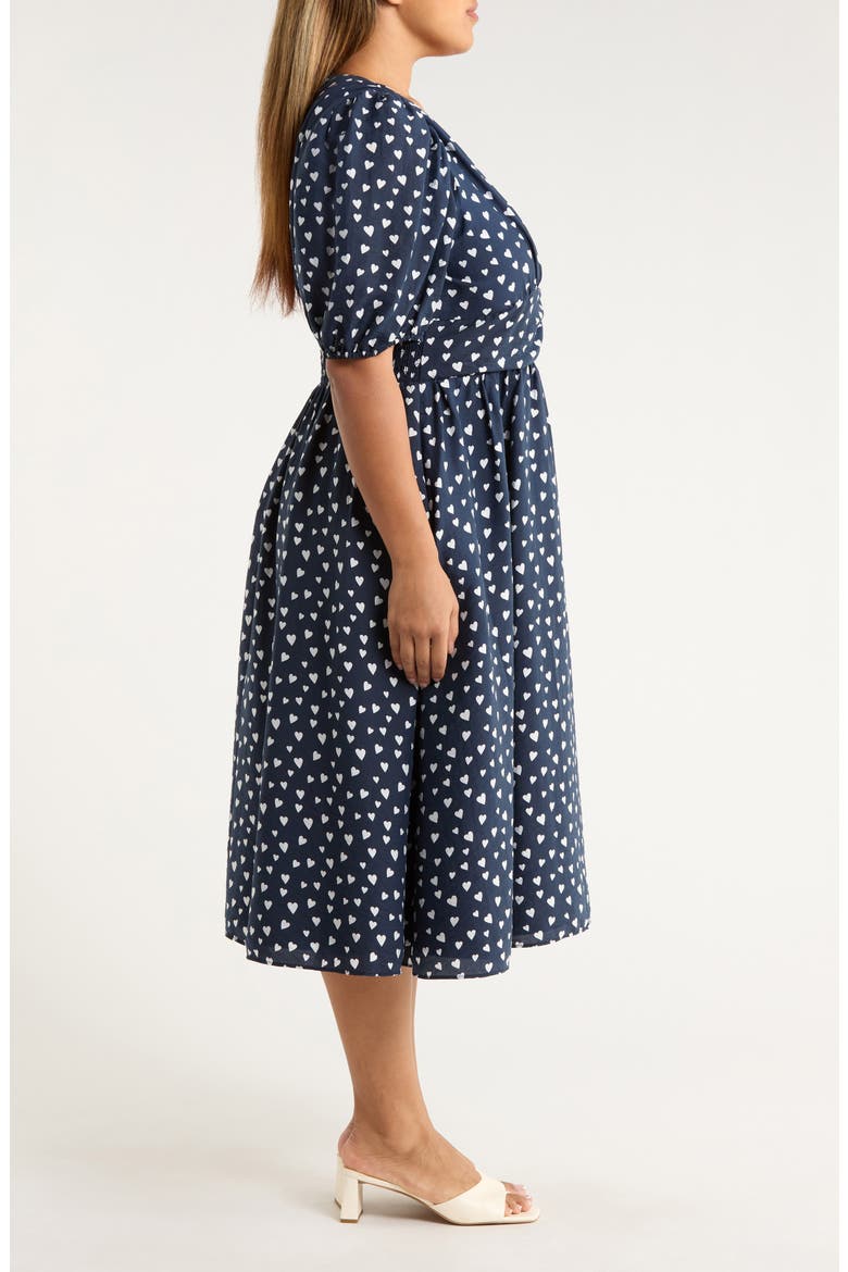 Heart Print Puff Sleeve Midi Dress, Alternate, color, NAVY- WHITE FLOATING HEARTS
