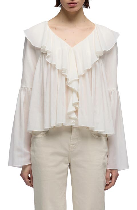 Ruffle Detail Flowy Cotton & Silk Top