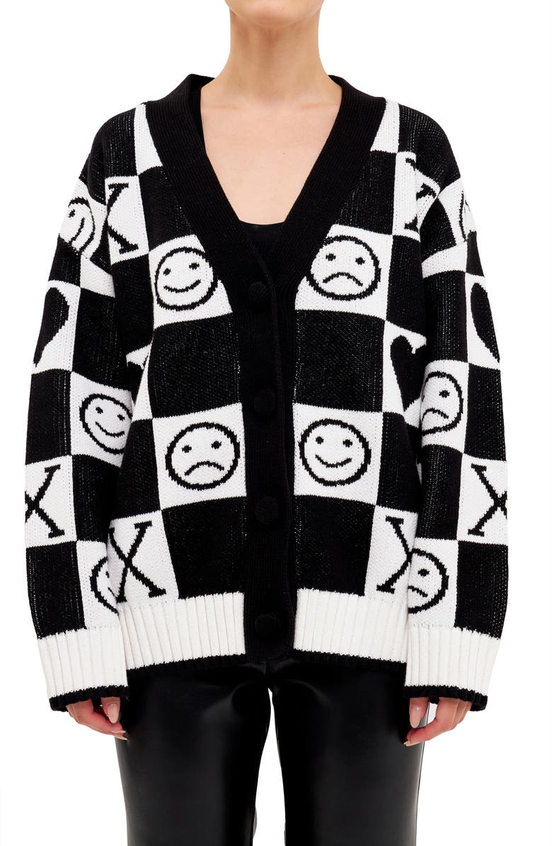 Grey Lab XOXO Smiley Check Cardigan, Alternate, color, 