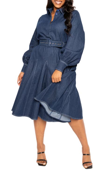 Belted Long Sleeve Denim Shirtdress (Plus)