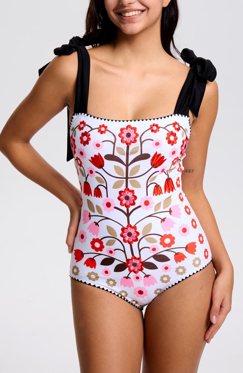 Jessie Zhao New York Floral Symphony Embroidered Swimsuit, Main, color, White