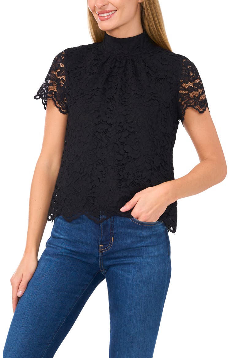 Bow Mock Neck Lace Top, Main, color, RICH BLACK