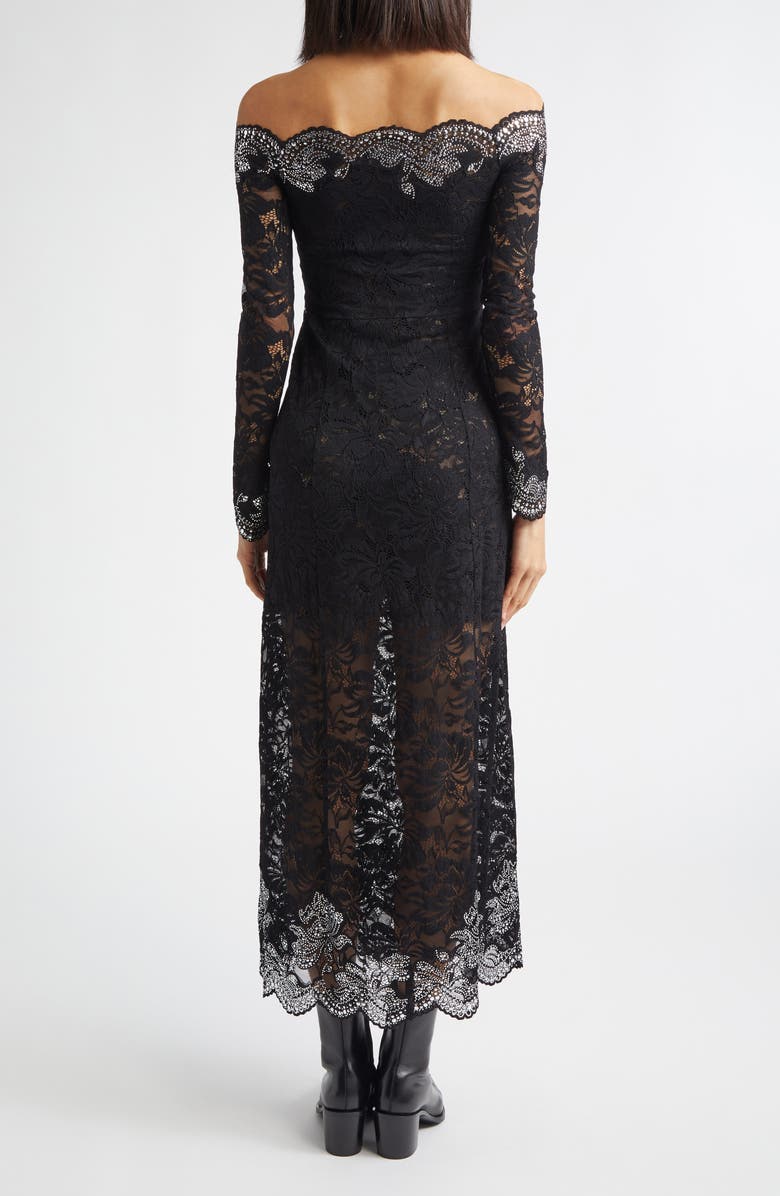 Rabanne Twist Front Off the Shoulder Long Sleeve Lace Midi Dress, Alternate, color, Black