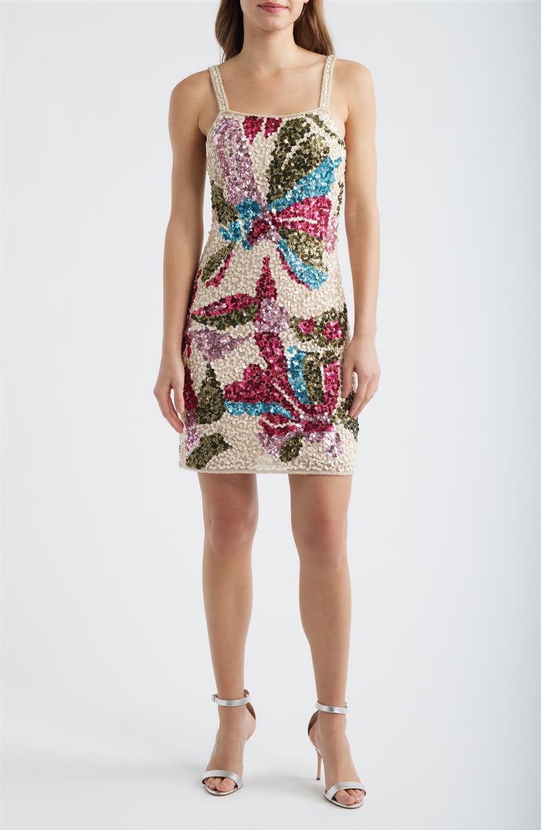 Pisarro Nights Sequin Floral Sheath Dress, Main, color, Ivory