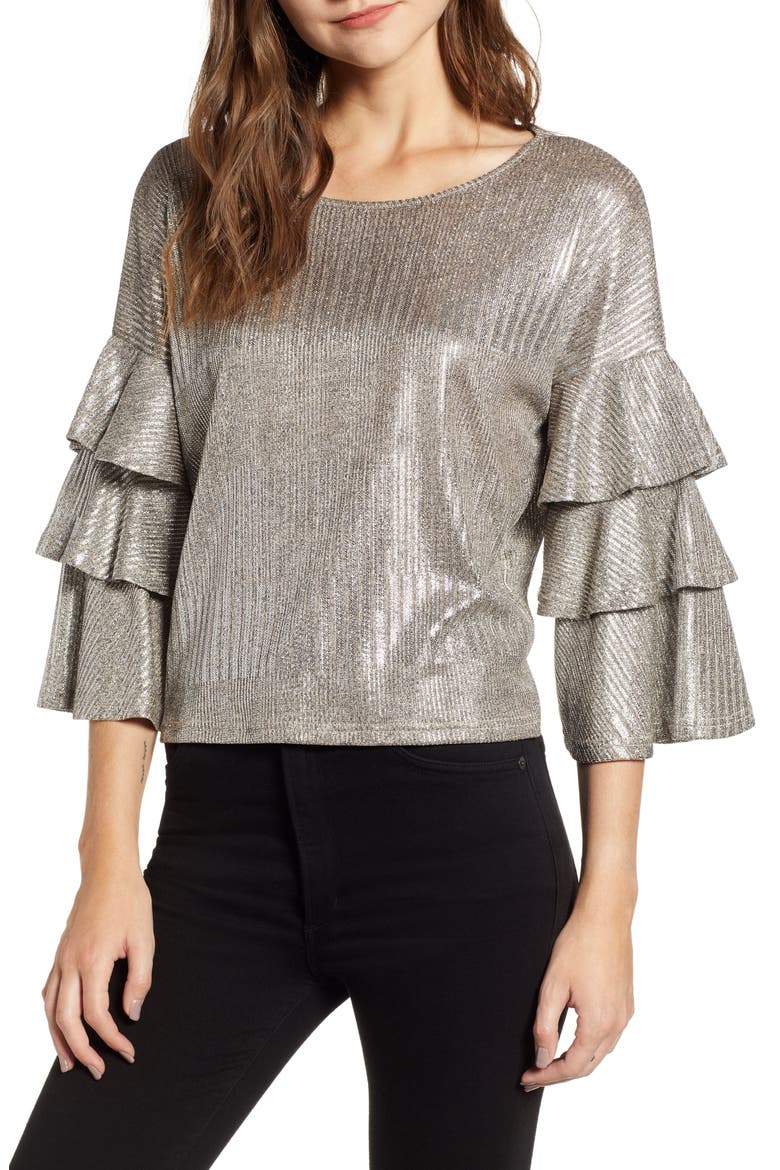 Metallic Tiered Ruffle Sleeve Top, Main, color, METALLIC