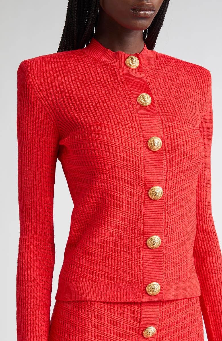 Balmain Button Detail Rib Cardigan, Alternate, color, Bright Red
