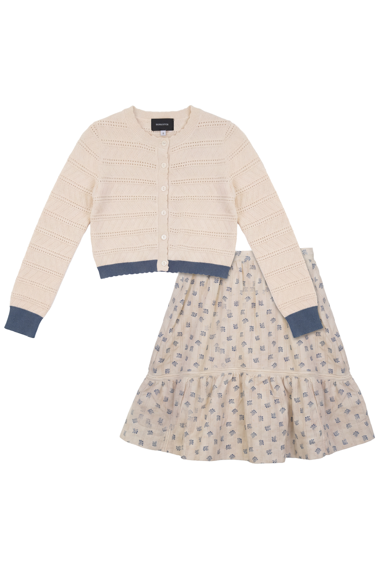Floral Scallop Trim Cardigan & Lined Skirt Set, Main, color, Moonlight
