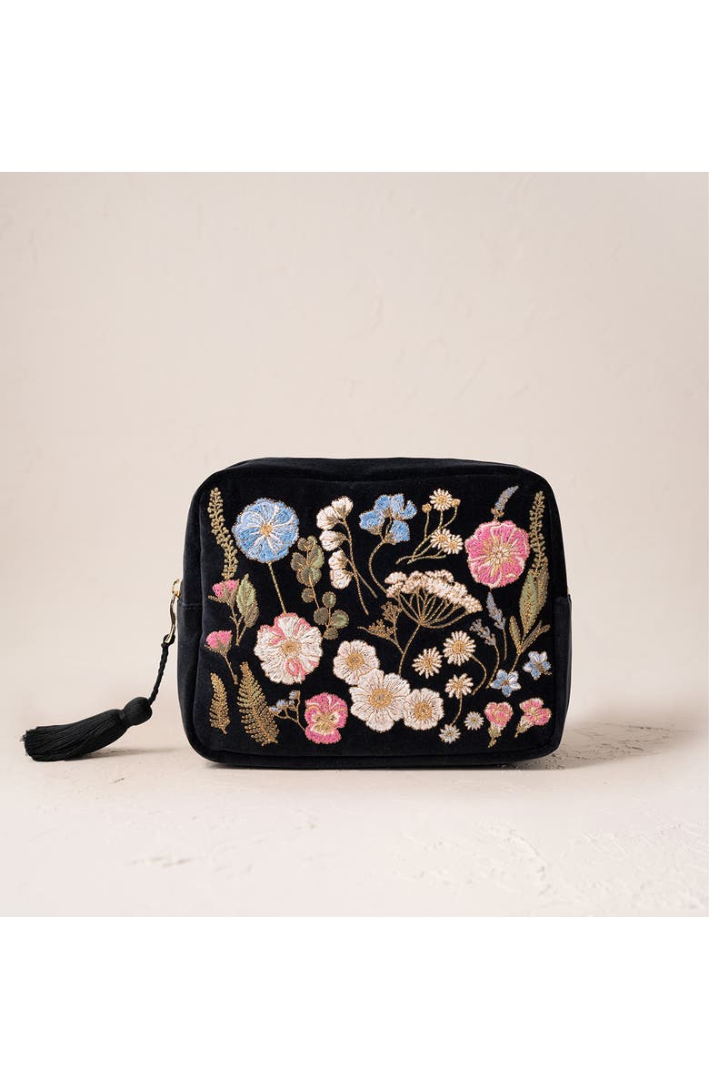 Elizabeth Scarlett Pressed Flowers Velvet Wash Bag, Main, color,