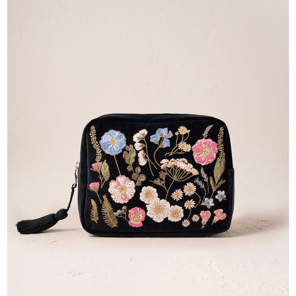 Elizabeth Scarlett Pressed Flowers Velvet Wash Bag In Black