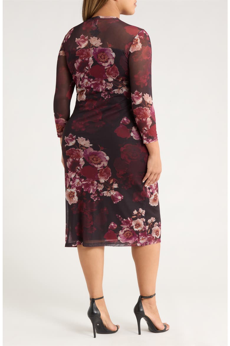 Ruched Long Sleeve Illusion Neck Midi Dress, Alternate, color, MIDNIGHT CHIANTI MULTI