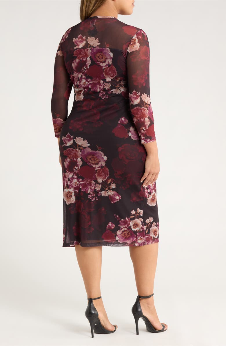 Anne Klein Ruched Long Sleeve Illusion Neck Midi Dress, Alternate, color, Midnight Chianti Multi
