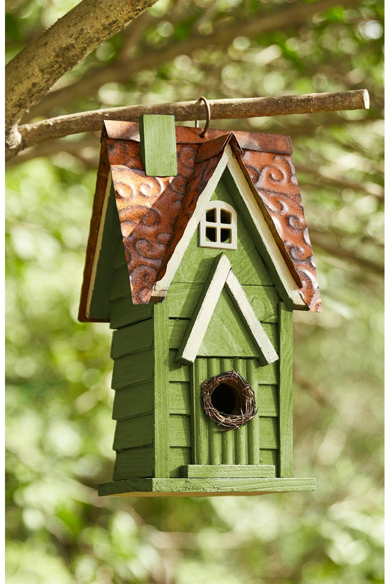 12"H Retro Distressed Painted Solid Wood Cottage Birdhouse, Alternate, color, Green