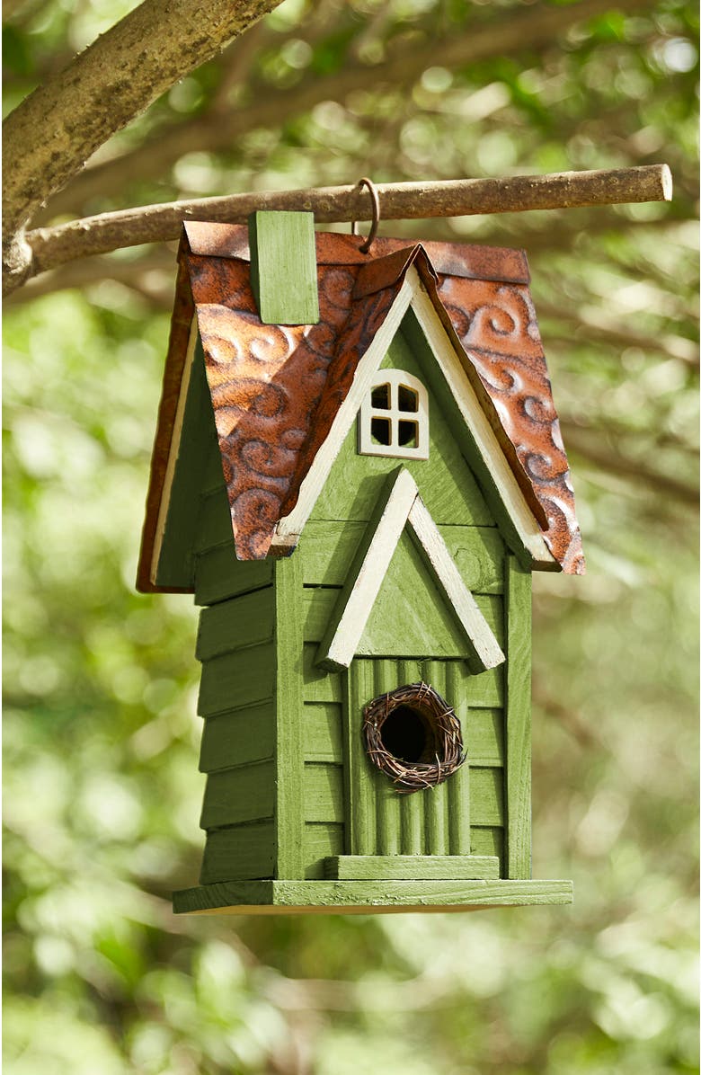 Glitzhome 12"H Retro Distressed Painted Solid Wood Cottage Birdhouse, Alternate, color, Green