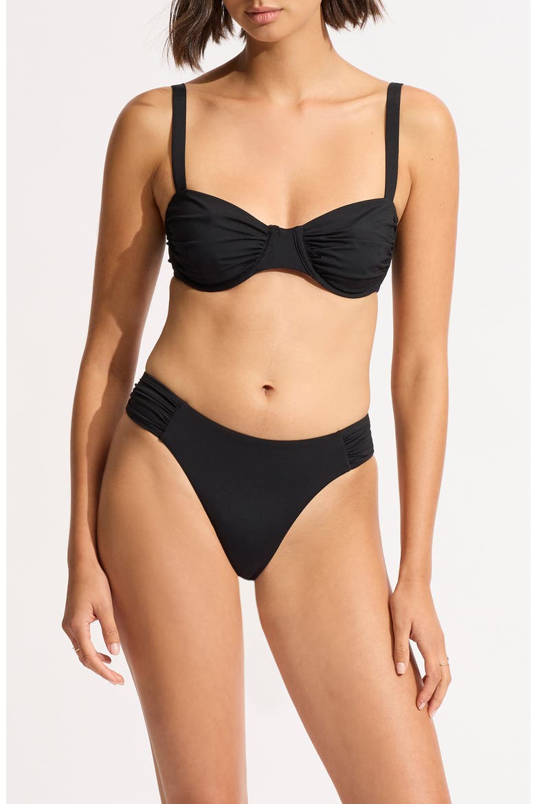 Ruched High Waist Bikini Bottoms, Alternate, color, BLACK