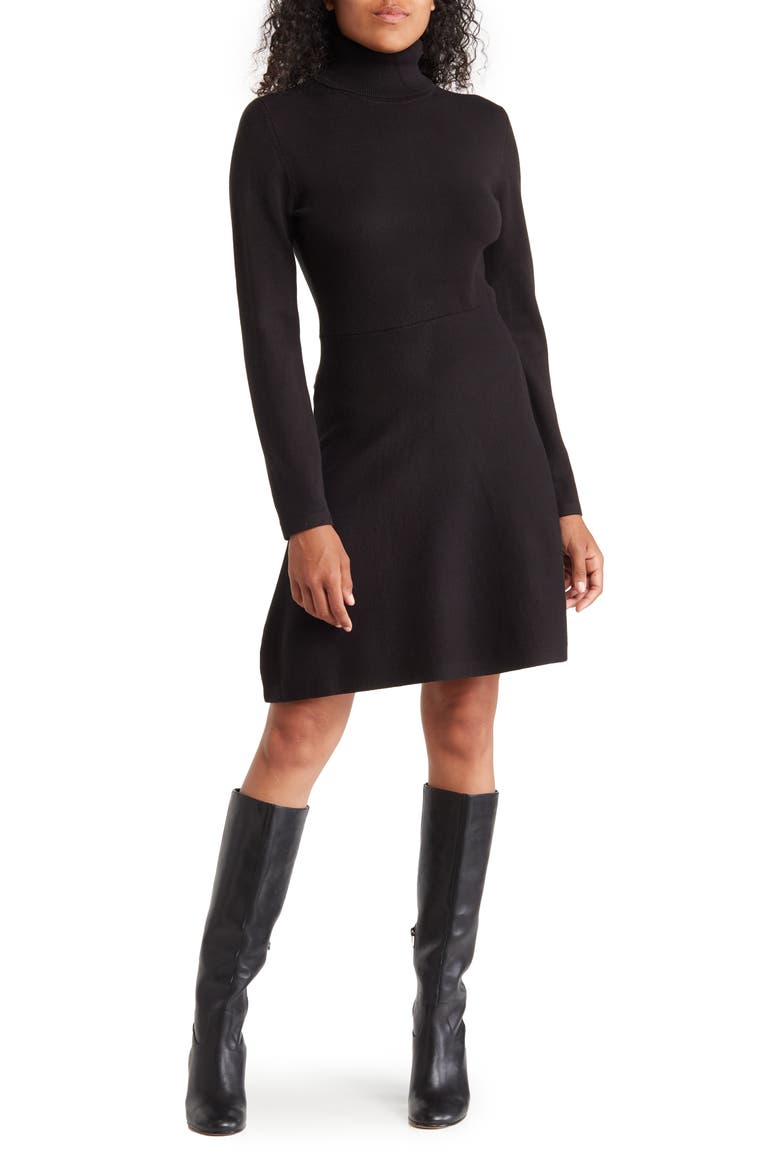 Turtleneck Fit & Flare Sweater Dress, Main, color, BLACK
