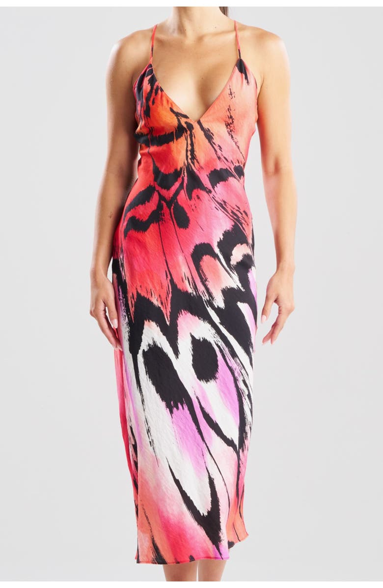 Natori Butterfly Linen Blend Open Back Slip Dress, Alternate, color, Red